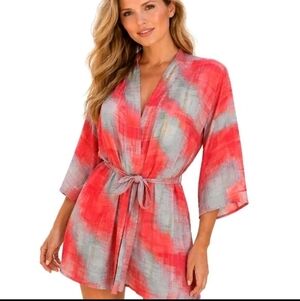Natori Josie Boho Tie Dye Kimono Robe Silky Belted Size Small